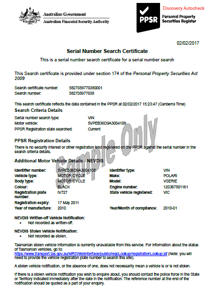 Sample PPSR Motorcycle Certificate with No Encumbrance